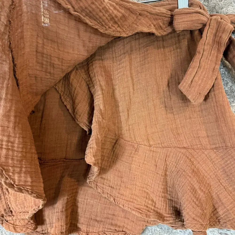 By Anthropologie XS Wrap Mini Skirt Brown Muslin Cotton Tiered Ruffle - Picture 4 of 8